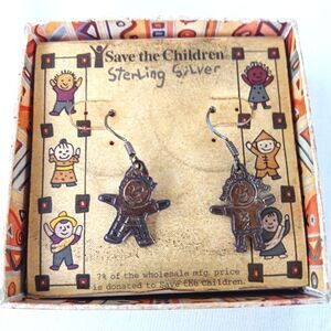 Sterling Silver Girl & Boy Earrings Dangling  Marked ESF Save the Children